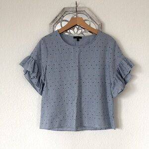 DREW • Chambray Blue Swiss Dot Embroidered Ruffle Sleeve Boxy Blouse M